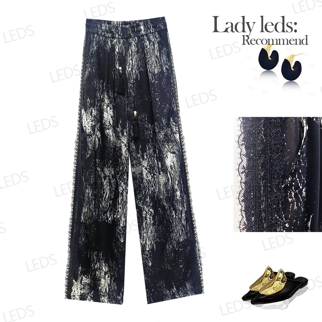 LEDS 32237夏季印花高腰透气休闲风舒适蕾丝提花阔腿休闲裤