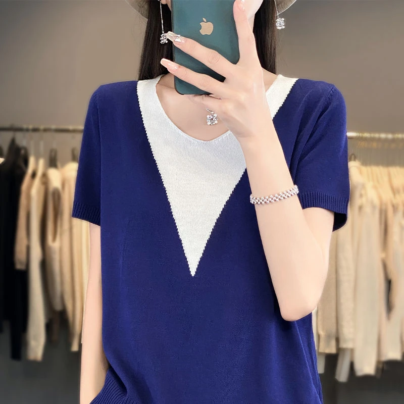 【莱赛尔天丝】~V领拼色针织短袖女休闲简约经典百搭打底上衣 1086