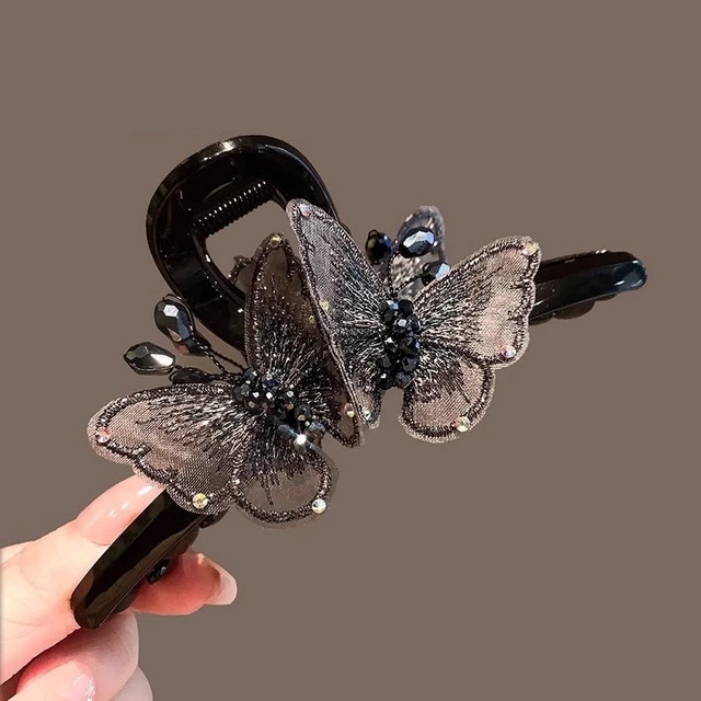 新中式手工刺绣蝴蝶抓夹年新款优雅水钻发夹后脑勺大号鲨鱼夹