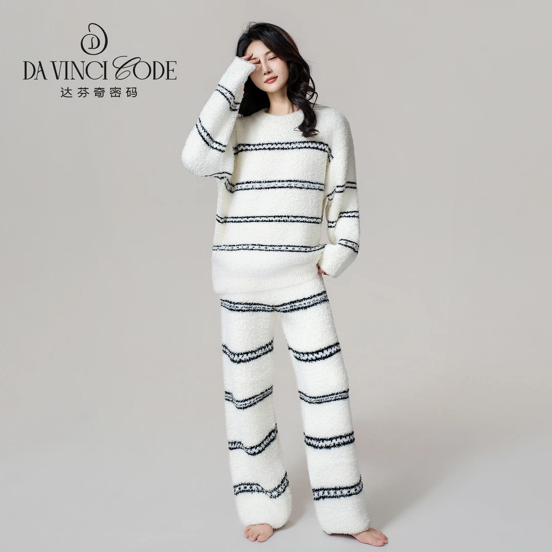 DAVINCIART秋冬白条纹绒款睡衣女半边绒套装保暖情侣款大码家居服