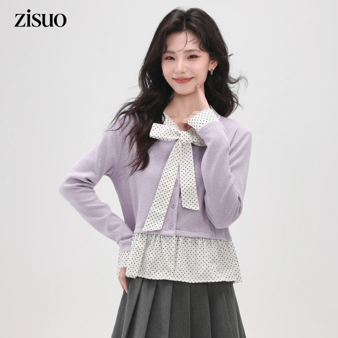 紫色假两件长袖T恤女春秋2026冬新款蝴蝶结叠穿内搭外穿短款上衣