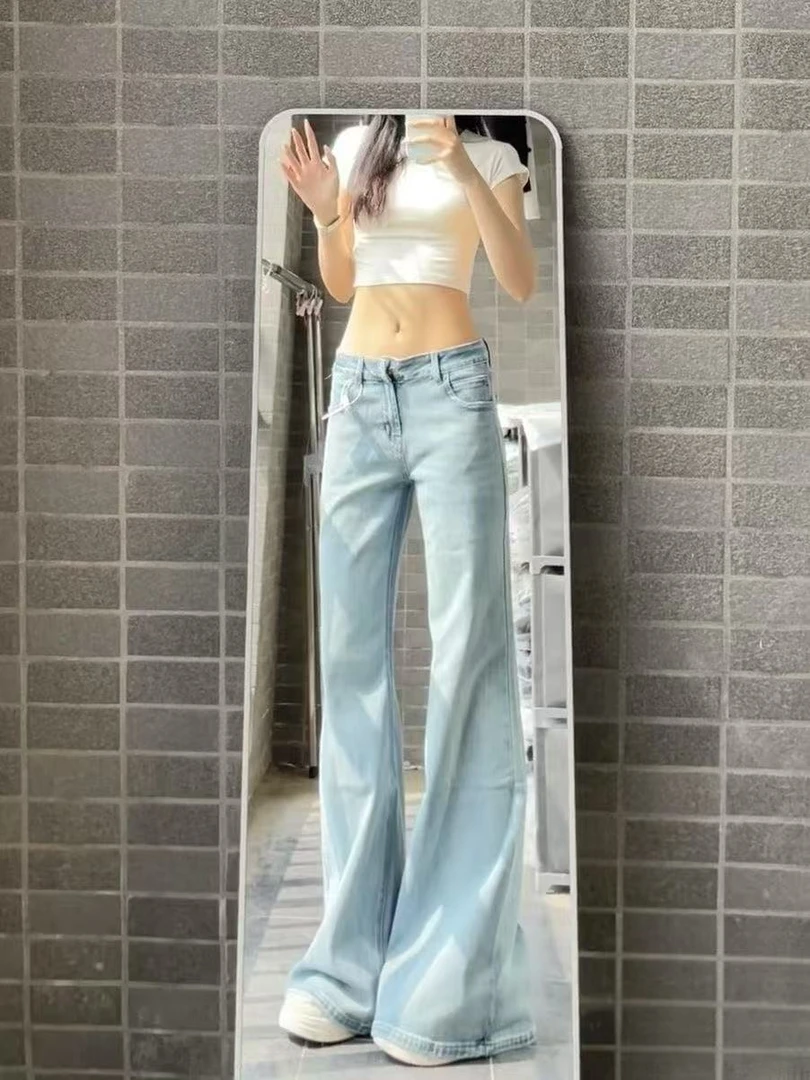 美式浅蓝色微辣低腰牛仔裤女2025夏季新款修身显瘦喇叭拖地裤子