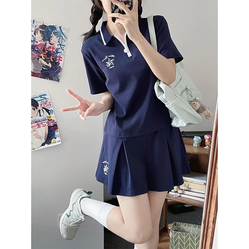 春秋JK制服千折星百褶裤裙短袖T恤女生POLO衫休闲运动套装学院风