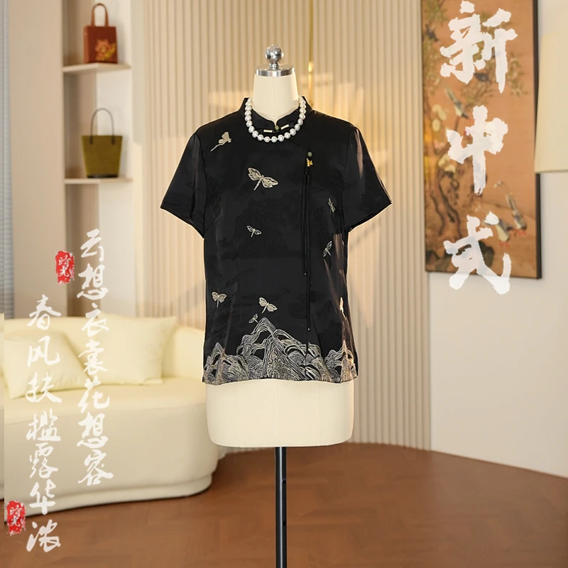 【蜻蜓舞】2025春夏季新款气质显瘦女士印花复古上衣C2534