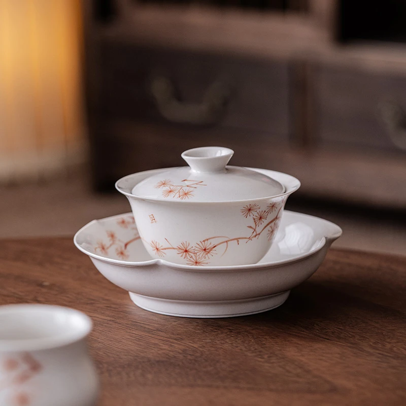 草木灰手绘矾红松白瓷防烫三才盖碗高档陶瓷功夫泡茶碗杯功夫茶具