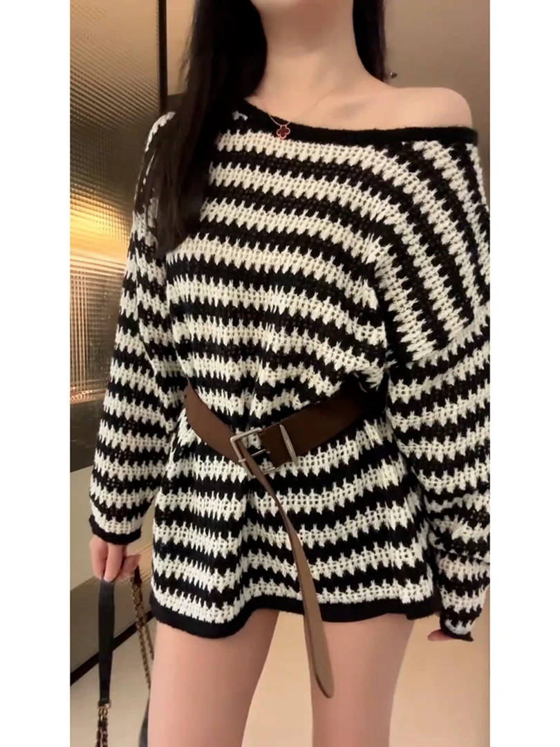 早秋复古软糯宽松慵懒风上衣独特漂亮超好看奶fufu条纹镂空针织衫