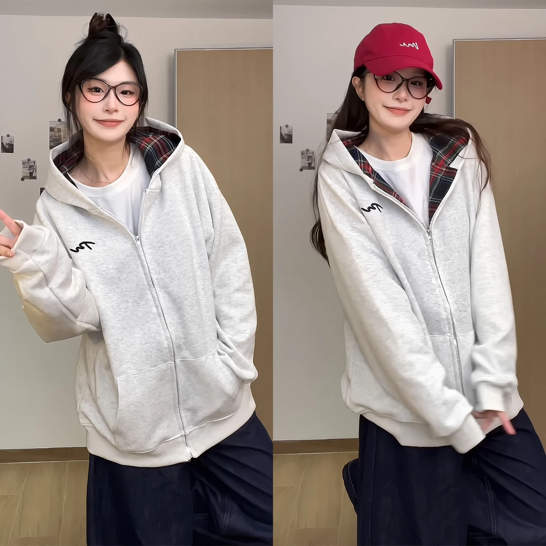 美式复古拼接格子连帽卫衣上衣女春秋新款宽松设计感小众开衫外套