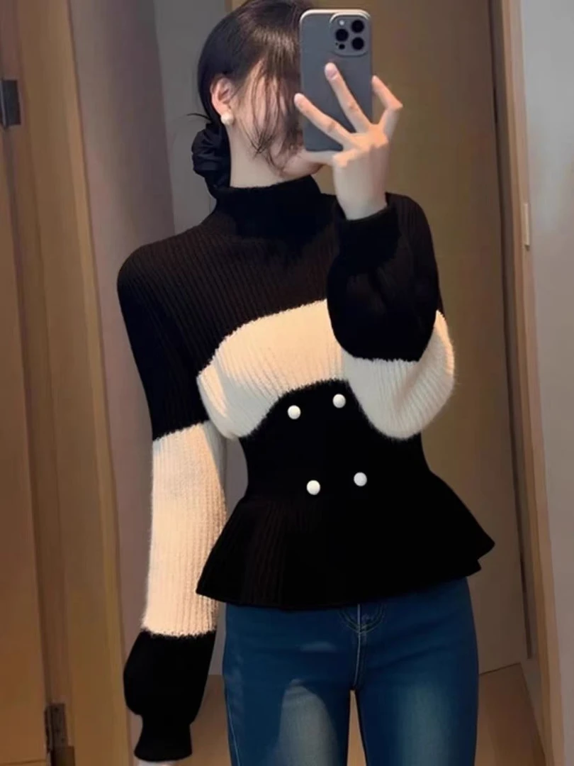 优雅chic黑白撞色高领荷叶边长袖毛衣针织衫女秋冬款休闲软糯小衫