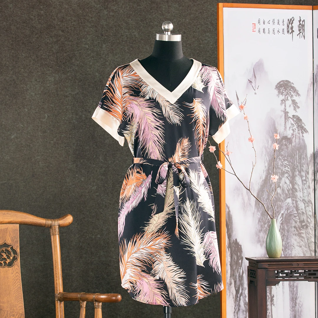 92%桑蚕丝弹力桑波缎高端女装V领气质腰带透气时尚真丝睡衣