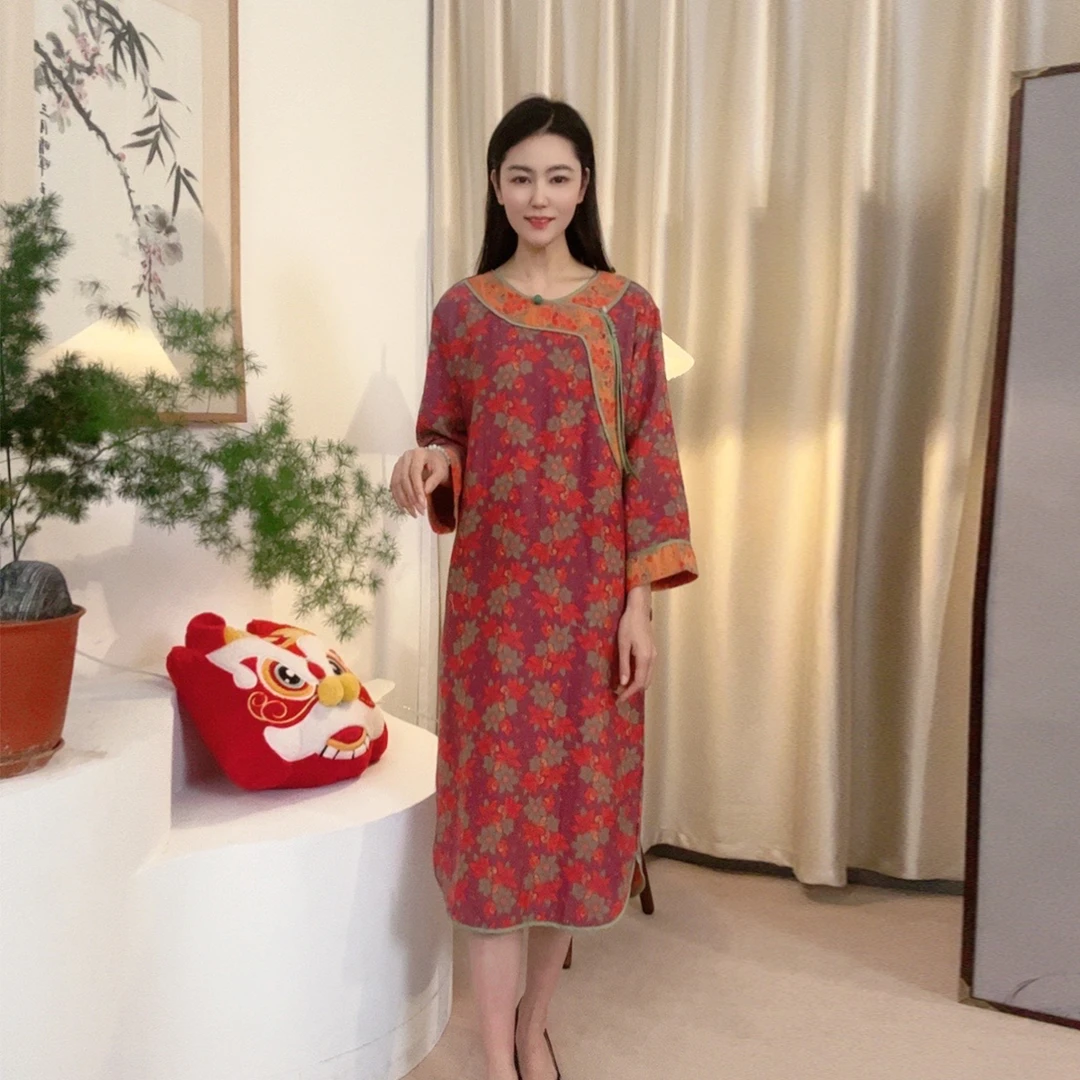 100棉中国风舒适百搭气质女圆领长袖宽松亲肤睡衣连衣裙WQ121901