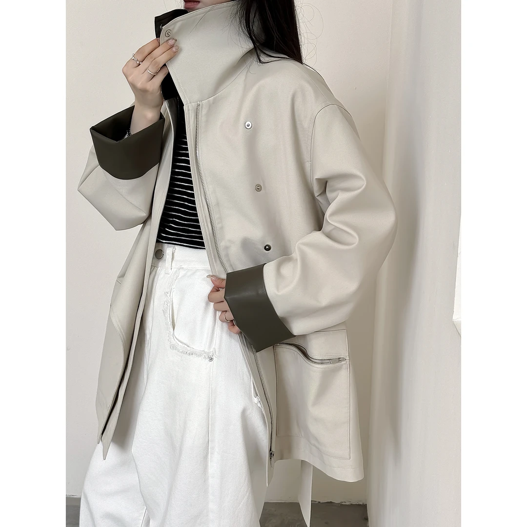 Benview【巴恩风】2025女拼接翻领春季长袖常规法式风衣皮衣韩版潮