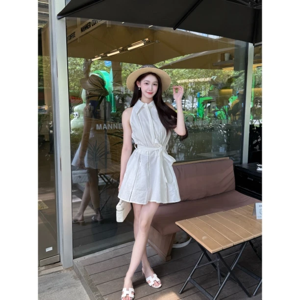 【Meng服饰】高级感气质白度假风无袖收腰A字版连衣裙