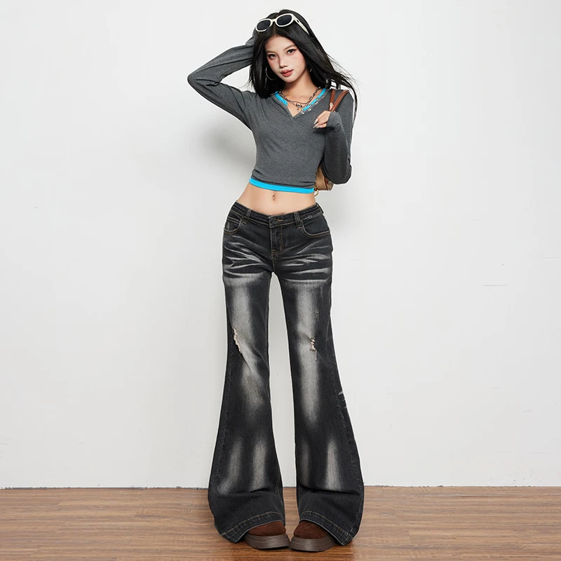 华利尔斯中古轻亚风低腰水洗磨破黑灰色美式牛仔喇叭裤修身显瘦长