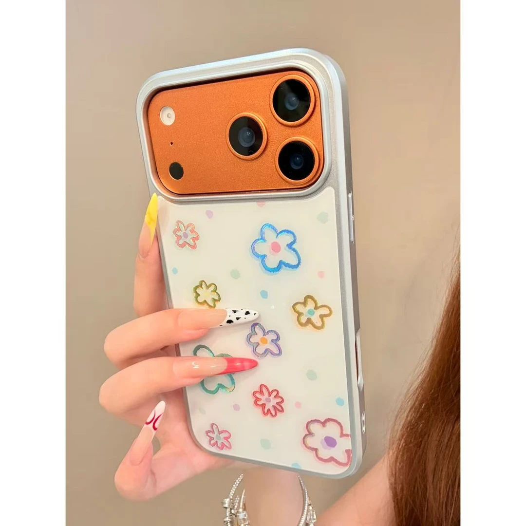 少女风可爱线条彩色花朵彩金壳适用苹果17/16/15/防摔手机壳