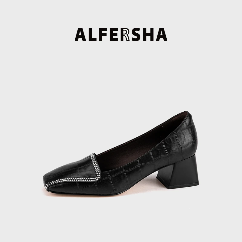 四季鞋阿芙莎联名系列2619577新款时尚气质水钻方头中跟包头单鞋D