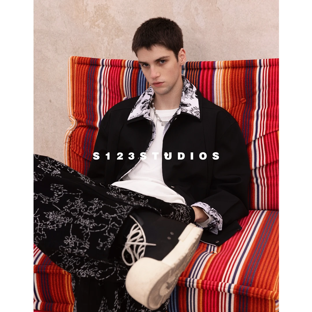 S123 美式设计感双领双门襟假两件拼色印花夹克高街痞帅宽松外套