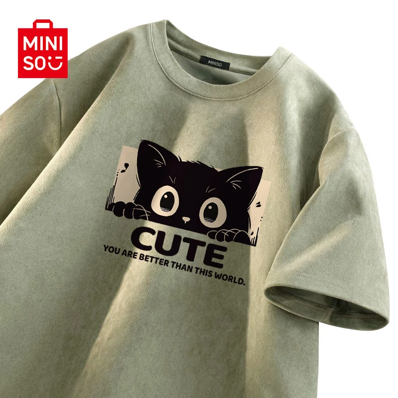 MINISO名创优品短袖男质感半截袖冷调复古港风猫咪印花青少年t恤