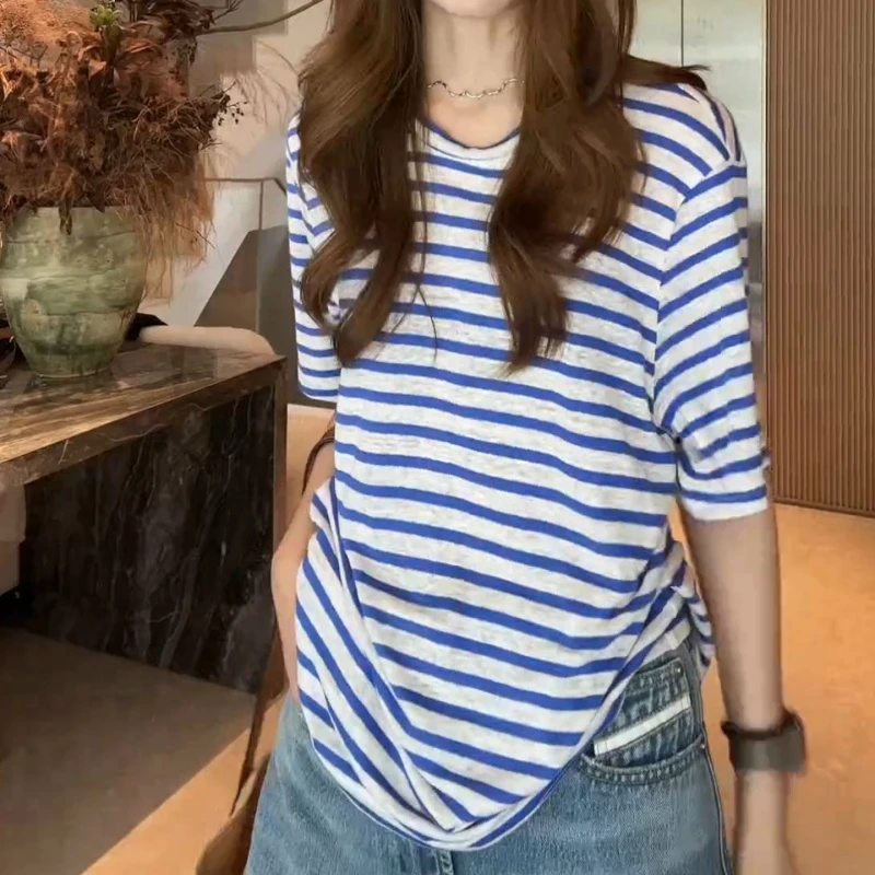2025夏季新款时尚百搭宽松凉快蓝白条纹短袖LK2505163