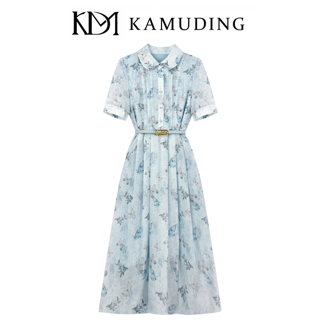 KAMUDING2025新款法式夏日清新风浅蓝色蝴蝶印花修身连衣裙8785