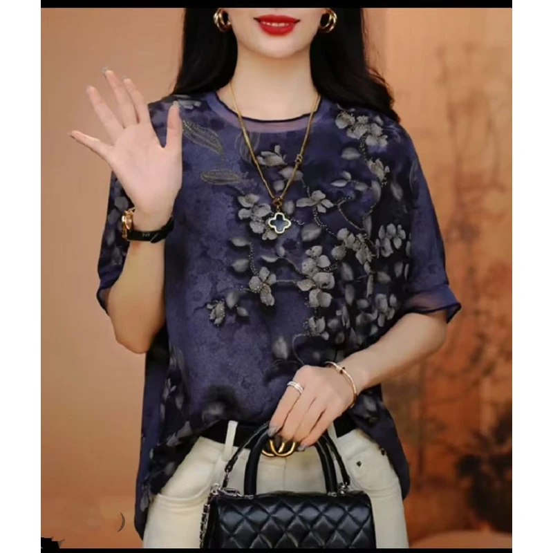 【藏青花】落肩袖印花短袖女上衣2025夏季新款时尚宽松百搭T恤1778！