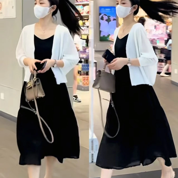 2025超火穿搭一整套女夏季防晒冰丝长袖针织开衫搭配吊带裙两件套