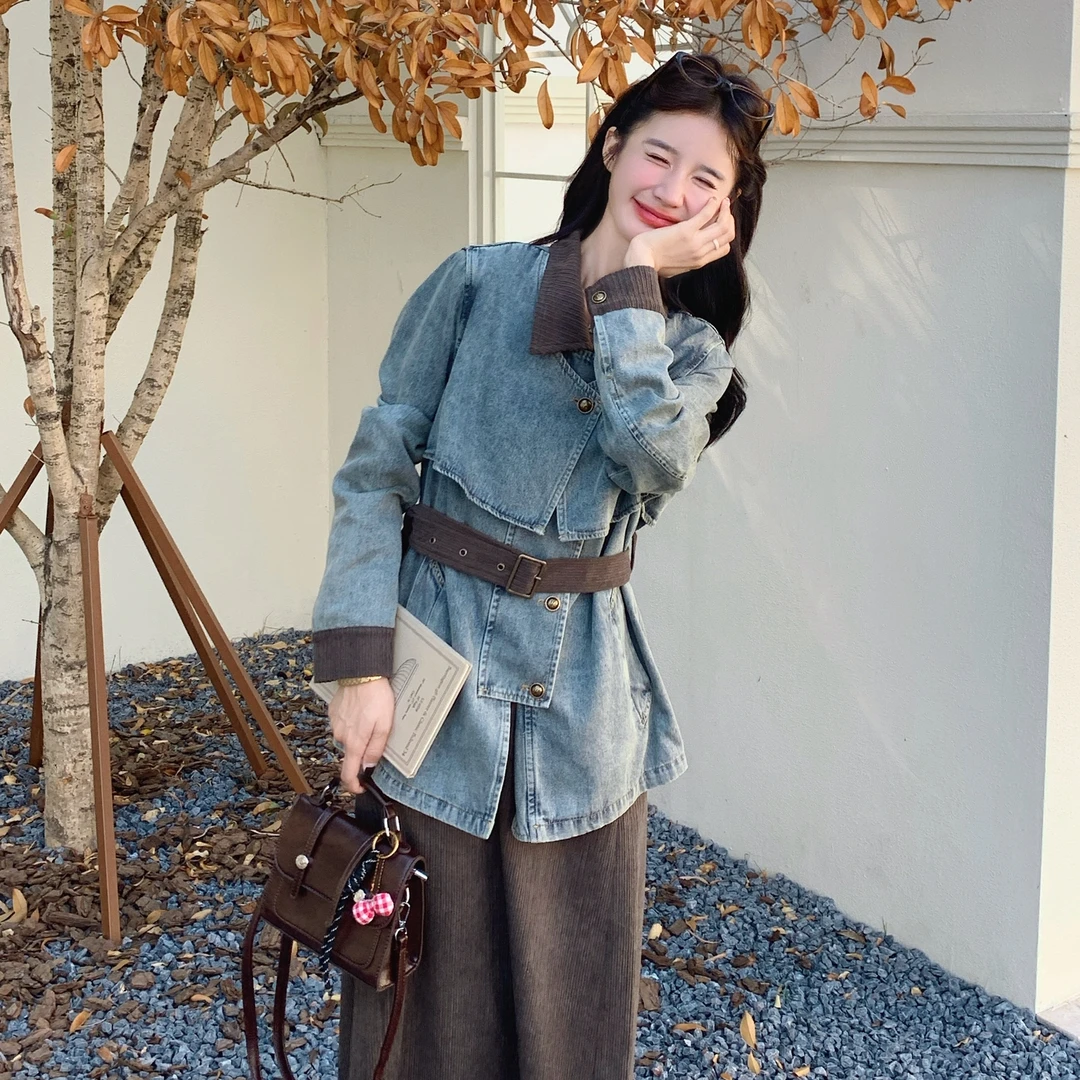 KALUOLAI/卡洛莱2025秋季新款复古牛仔半身裙套装休闲显瘦通勤风