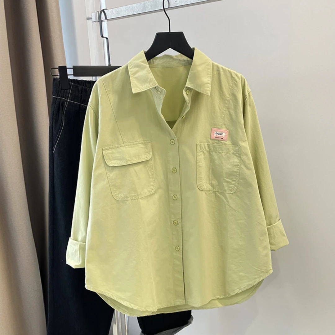 小个子休闲叠穿女士衬衫宽松韩版设计感时尚减龄绿色长袖衬衣外套