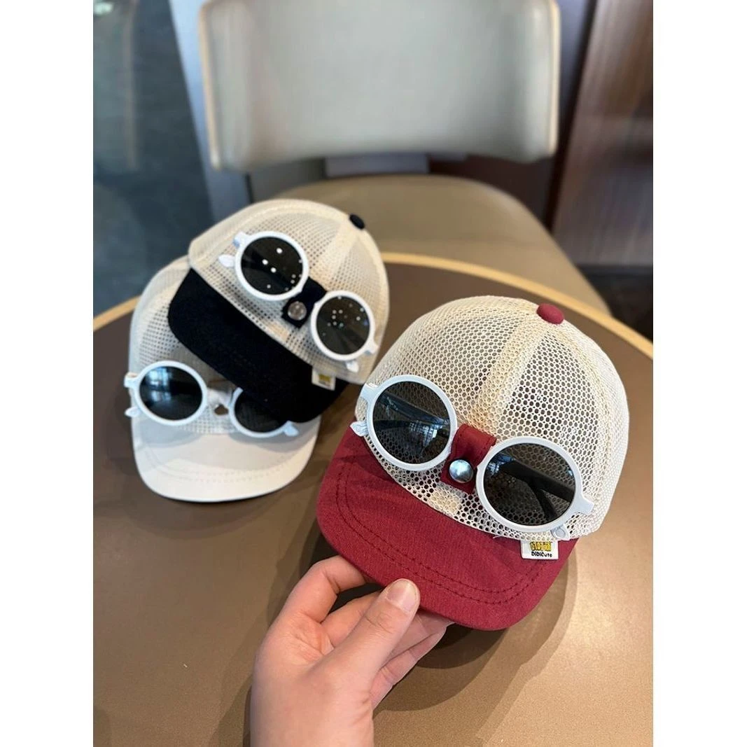 儿童帽子夏季鸭舌帽网男童女宝宝带墨镜棒球帽韩版遮阳帽防晒婴儿