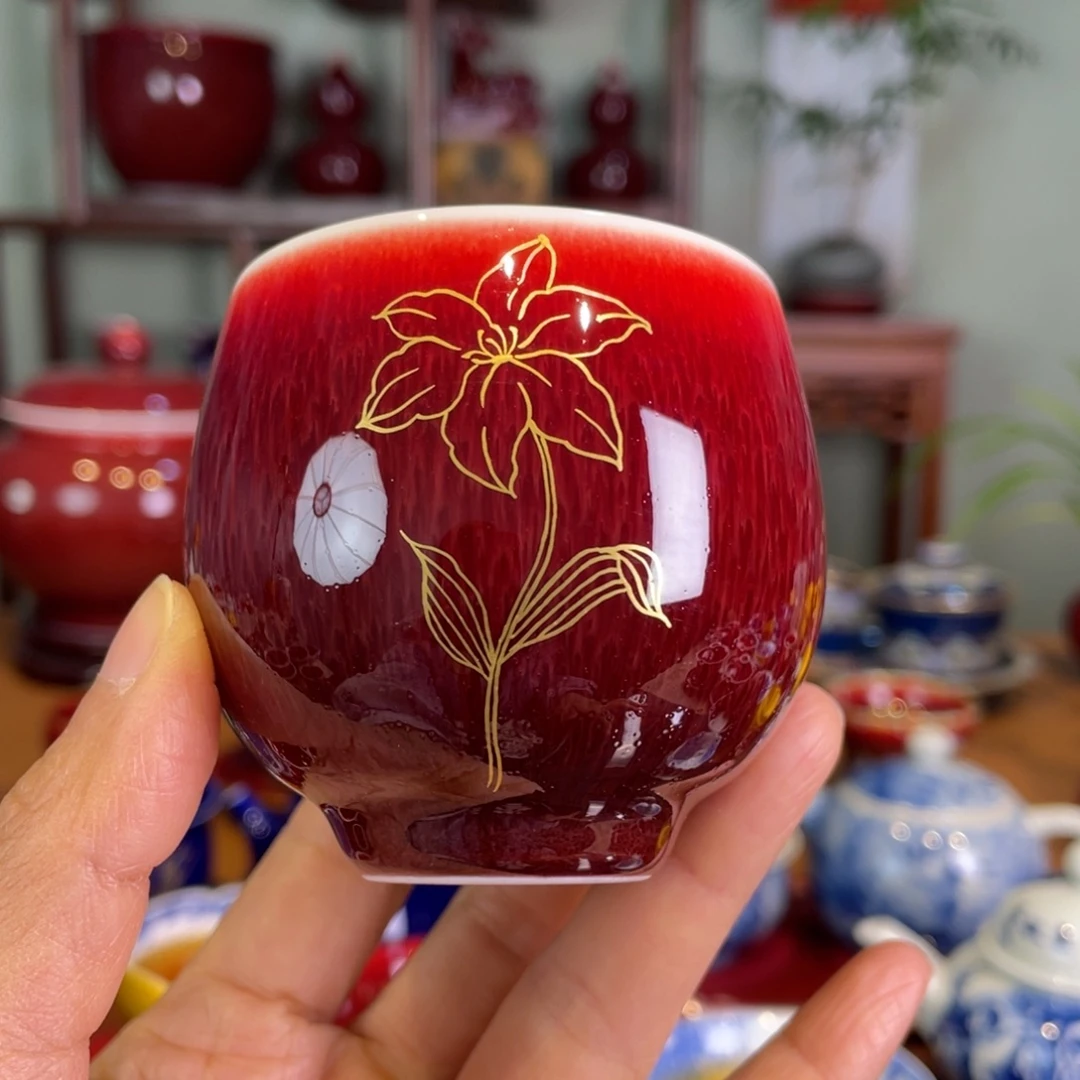 清欢雅玩原矿郎红描金龙蛋杯