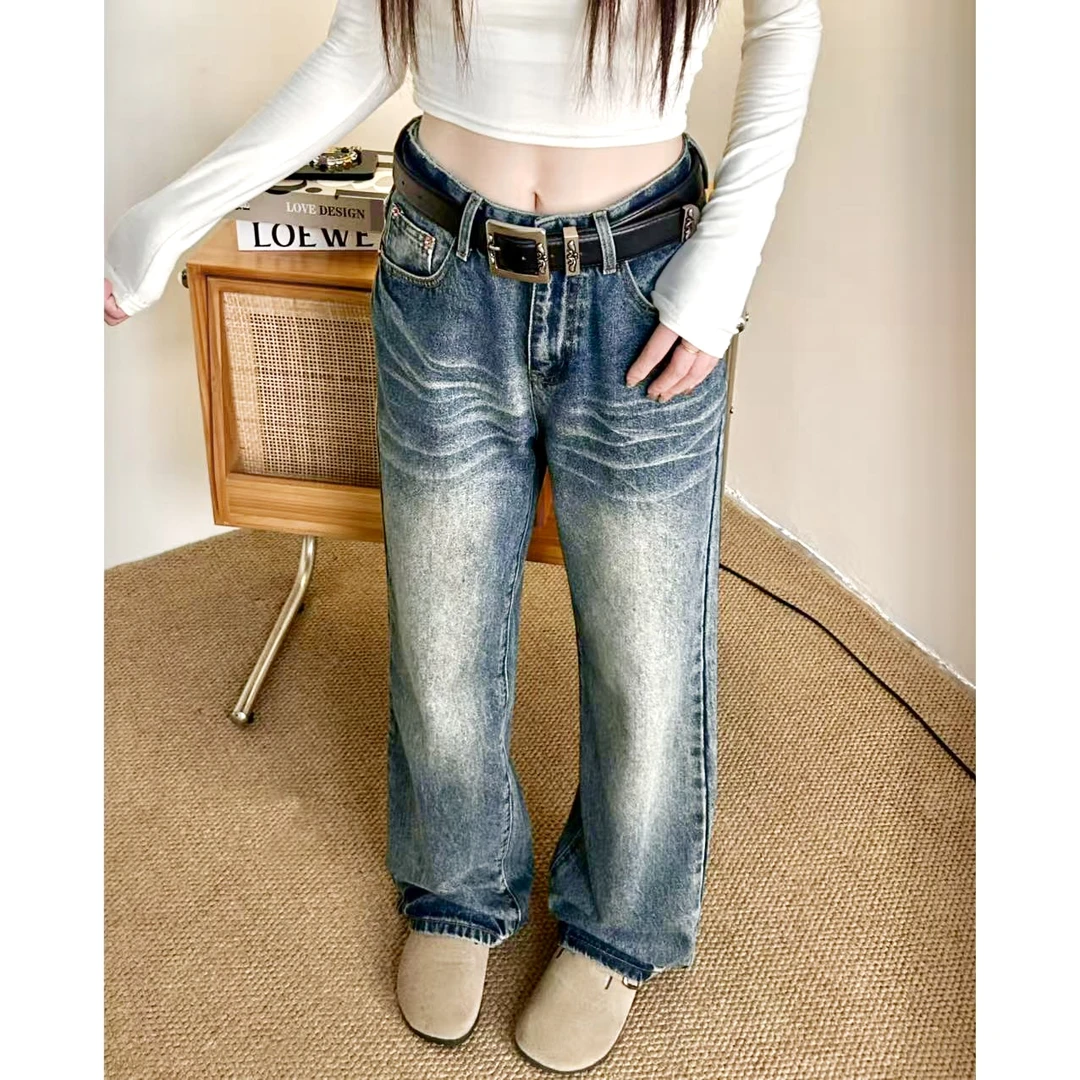 秋冬新款做旧设计感-复古水洗中腰牛仔裤男女同款-显瘦-直筒-神裤