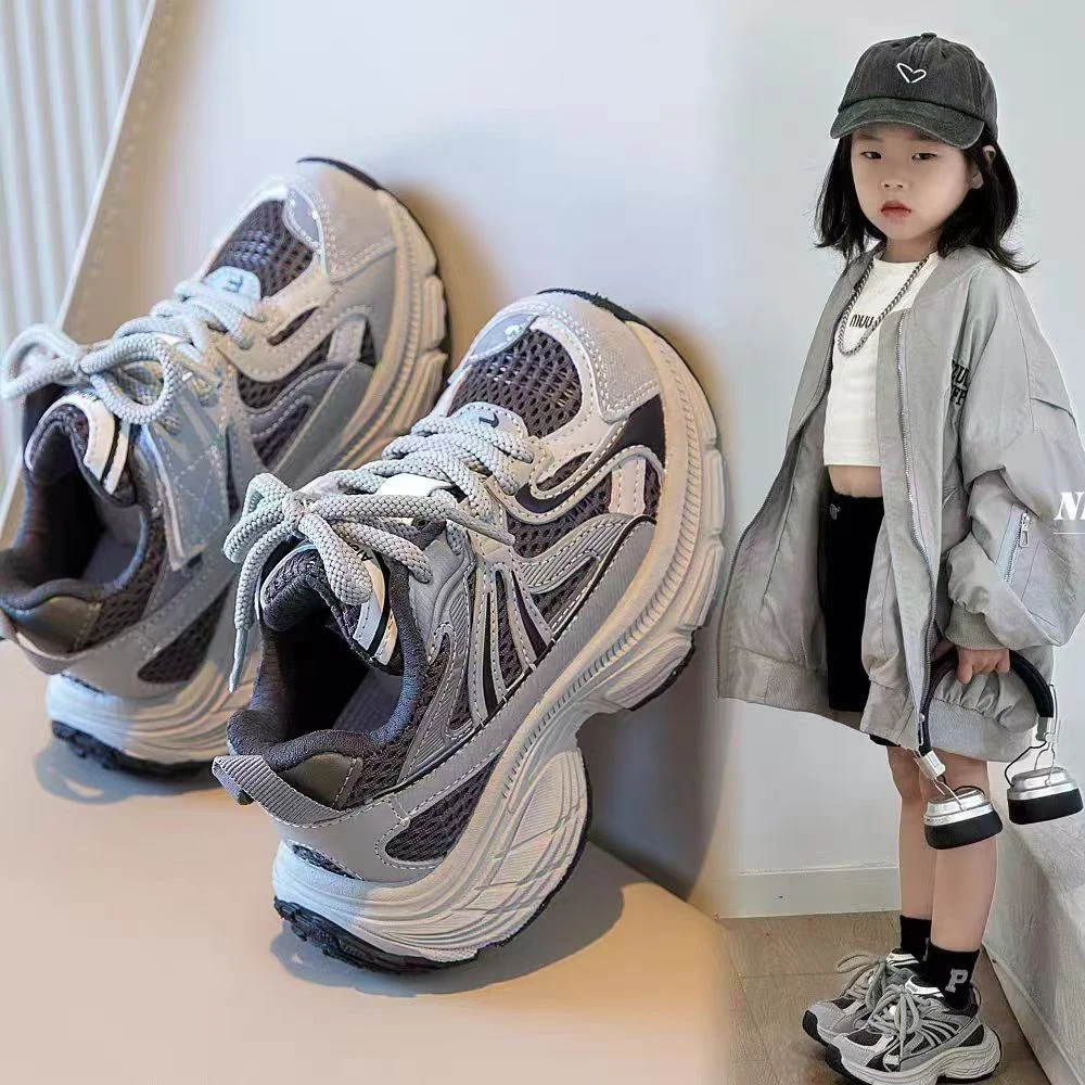 女童老爹鞋2025春男童网面休闲鞋儿童运动鞋学生魔术贴透气跑步鞋
