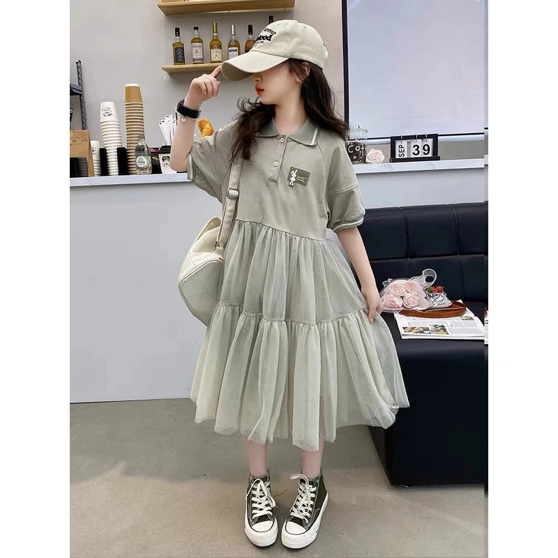 女童polo连衣裙2025夏季新款洋气时髦女大童网纱裙儿童夏装休闲裙