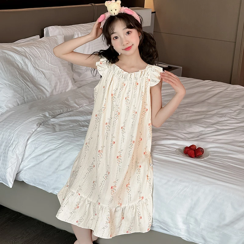 儿童小飞袖睡裙女大童夏季薄款碎花睡衣家居服女孩公主风连衣裙子