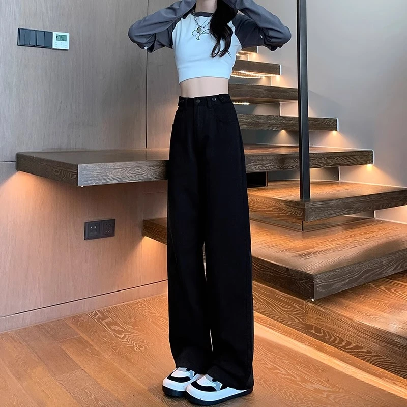黑色加绒阔腿牛仔裤女秋冬2025新款高腰腰围可调节直筒宽松拖地裤