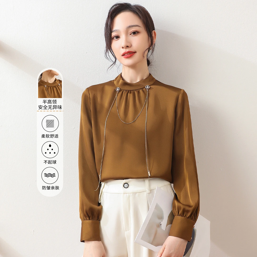 【通勤打底衫】春季纯色立领气质修身上衣百搭衬衣女TA332057