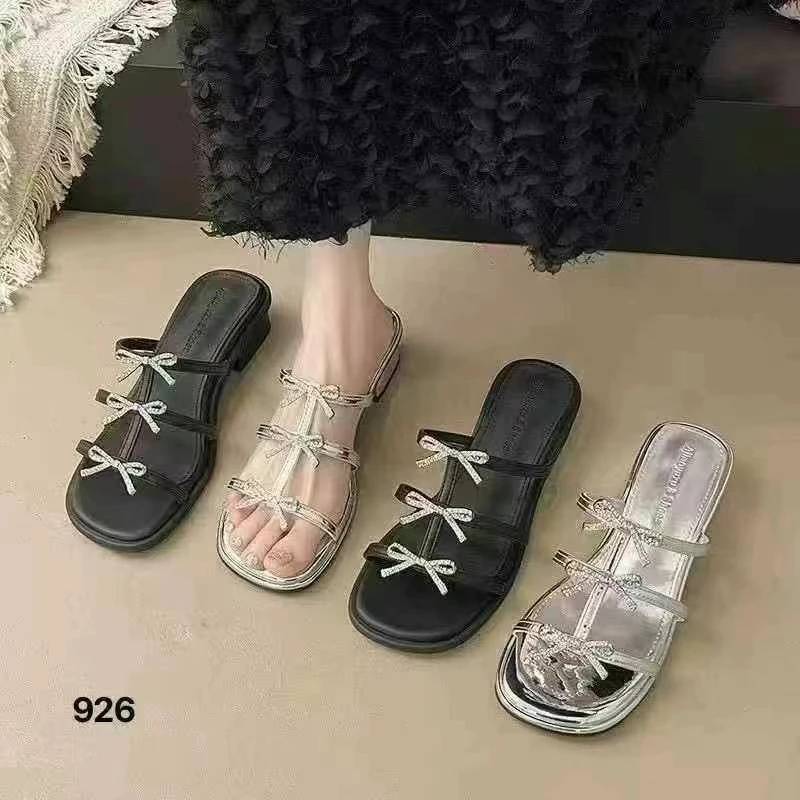 夏季粗跟蝴蝶结耐磨修面皮一字拖外穿拖鞋沙滩鞋