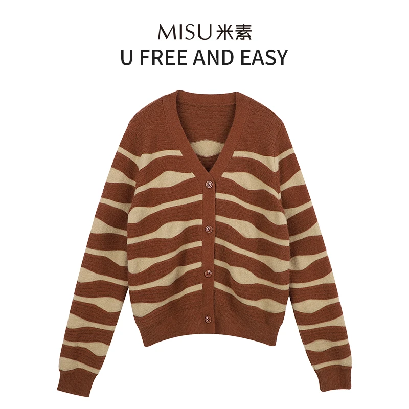 MISU米素条纹毛衣开衫女v领宽松短款毛衣外套慵懒风823Q059