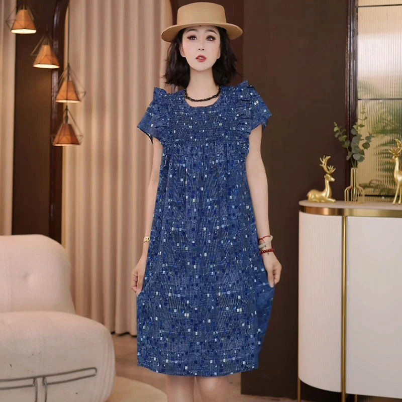 9061夏季新款韩版2025宽松休闲时尚圆领蓝色花边袖连衣裙女
