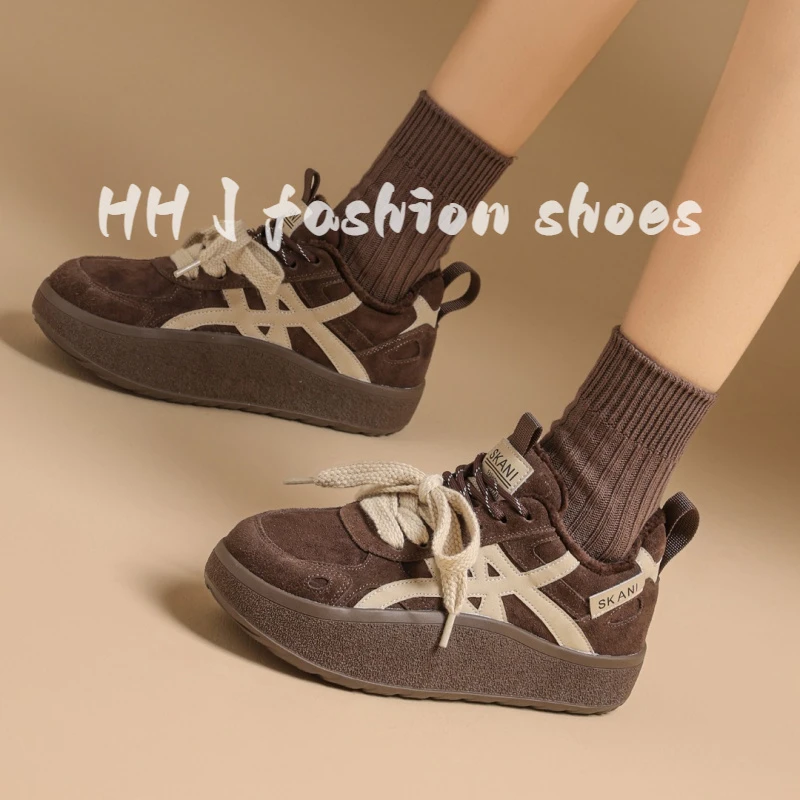 真皮复古厚底加绒德训鞋女2025秋冬款舒适保暖百搭休闲运动阿甘鞋