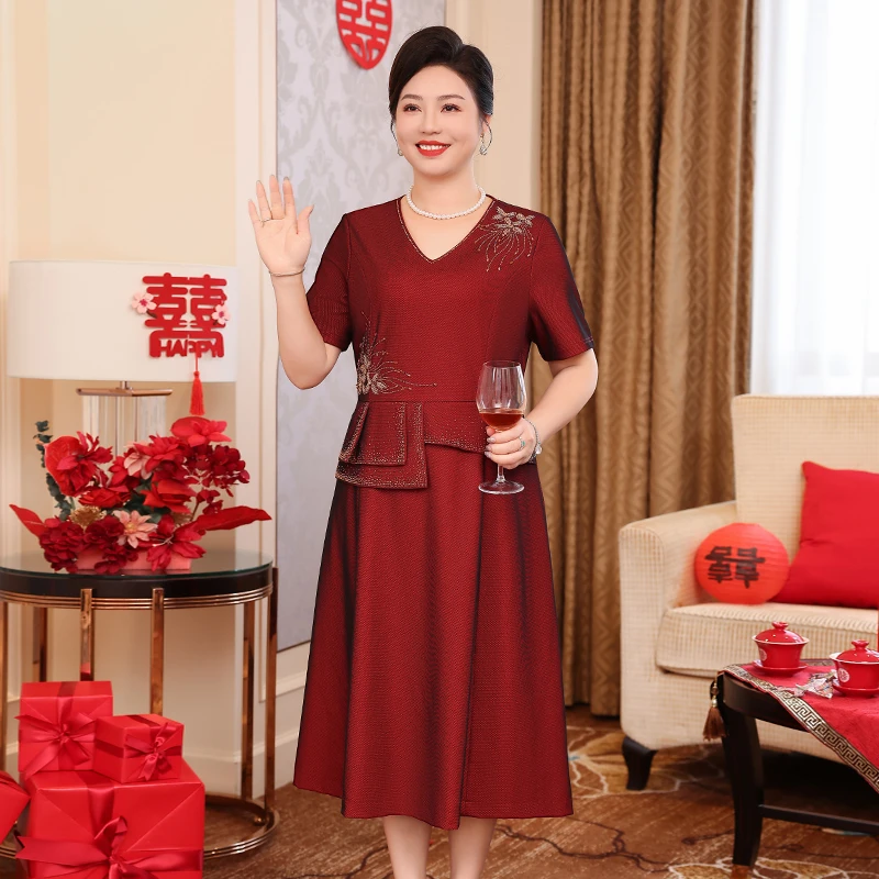 中老年婚宴气质高贵妈妈装梭织连衣裙夏显瘦大码连衣裙FX36-2549