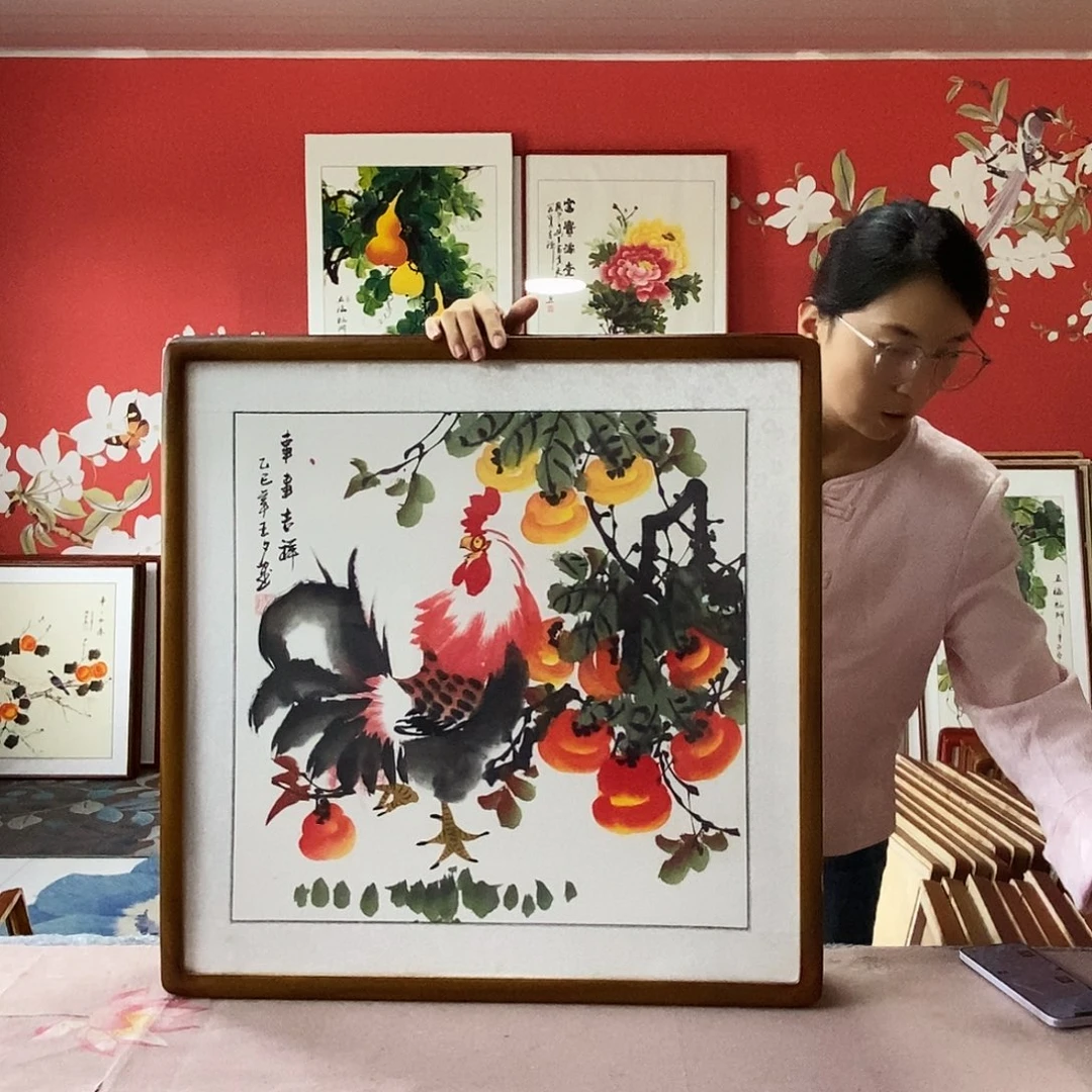 国画手写手绘国画作品带框包邮62✖️62