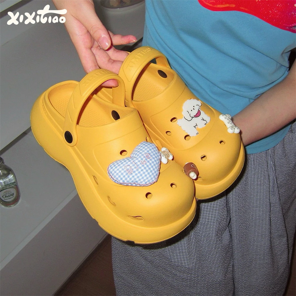 细细条 少女心ins可爱小狗洞洞鞋女网红厚底夏天两穿格子爱心凉拖