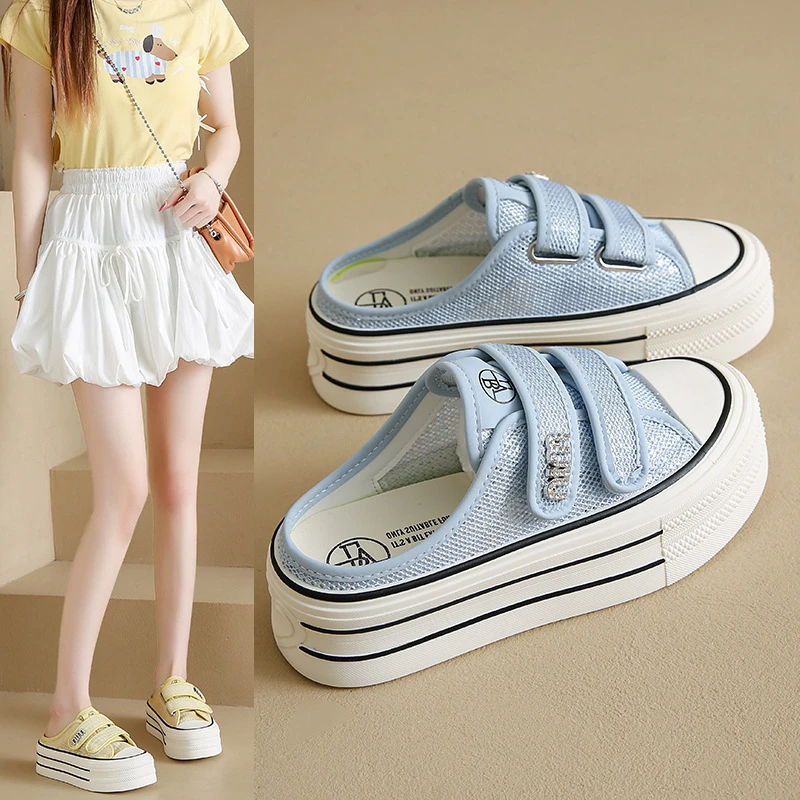 增高厚底包半拖鞋女夏外穿2025新款透气网面小白鞋一蹬凉拖鞋