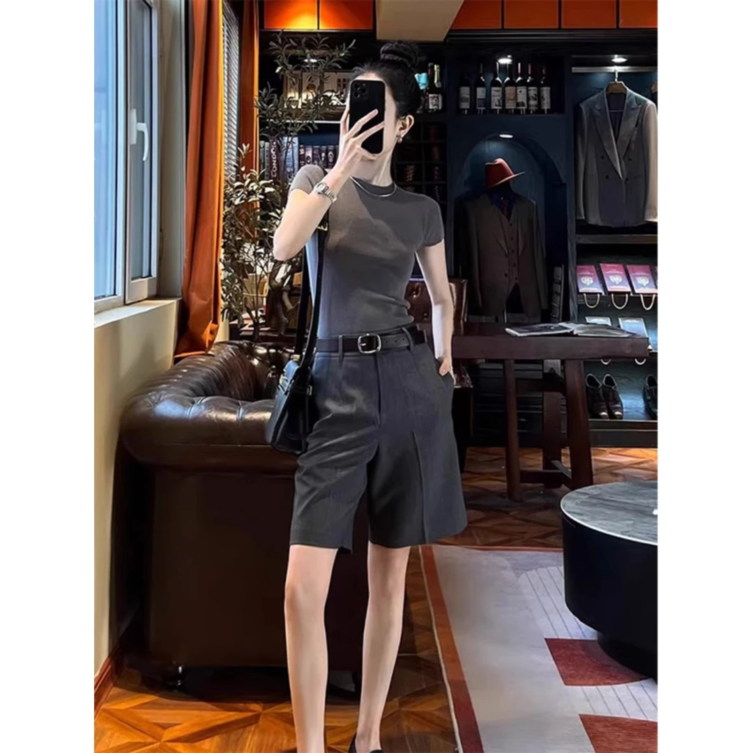 夏装搭配一整套高级感时尚时髦洋气小香风T恤西装五分短裤套装女