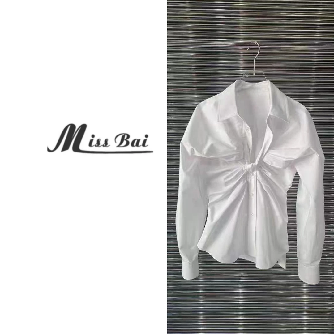【白姐严选】时尚修身型衬衫上衣纯色百搭短款不规则显瘦-A025