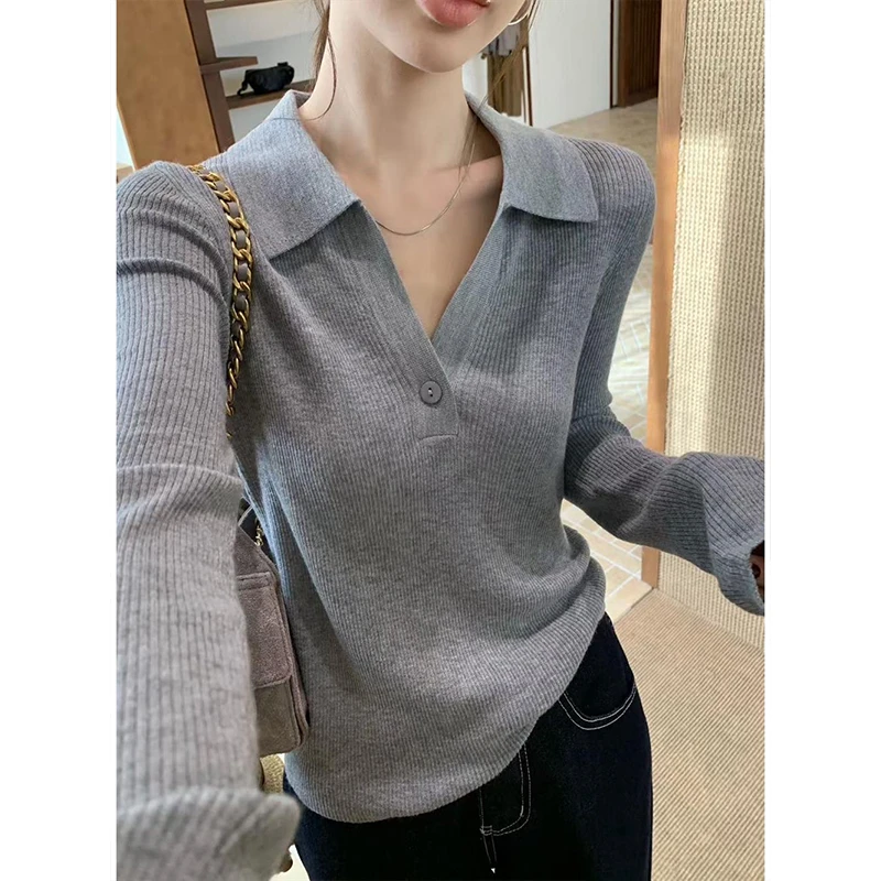 POLO领长袖针织打底衫女秋季新款微胖mm遮肉显瘦气质百搭V领上衣