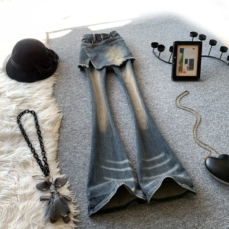复古蓝假两件微喇牛仔裤女早秋季高腰裙裤一体显瘦紧身拖地马蹄裤