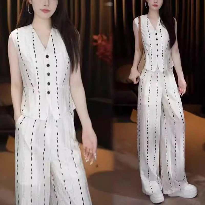 时尚气质贵气套装女2025夏季洋气显瘦无袖马甲上衣阔腿裤两件套