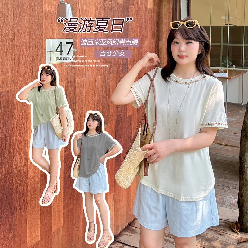 大码女装波西米亚织带短袖t恤女2025新款夏季宽松显瘦上衣222403
