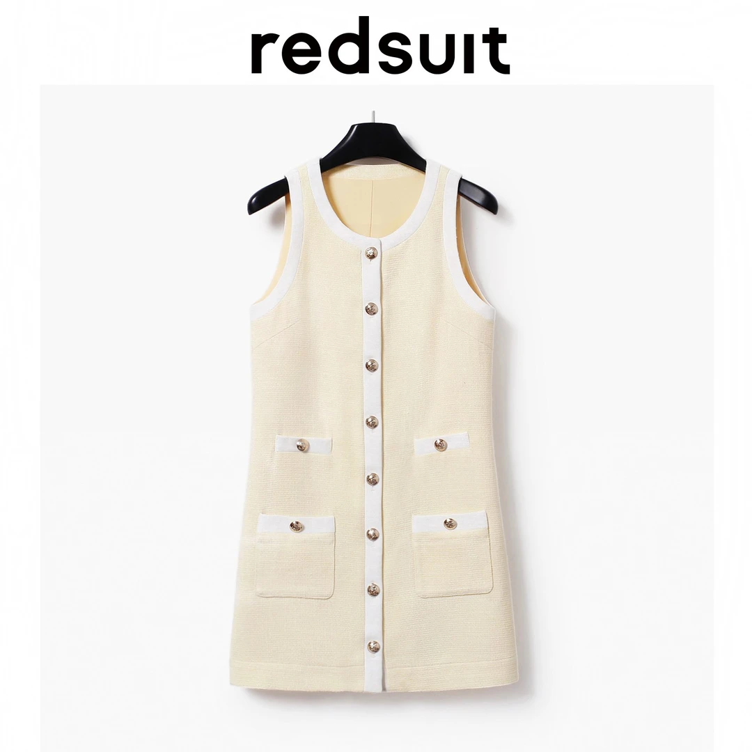 redsuit 闭眼入！时尚拼色设计圆领小香风优雅减龄显瘦背心连衣裙